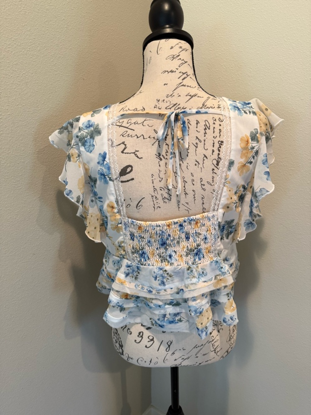 Altar'd State White Floral Ruffle V-Neck Blouse - Blue & Yellow - Picture 2 of 4